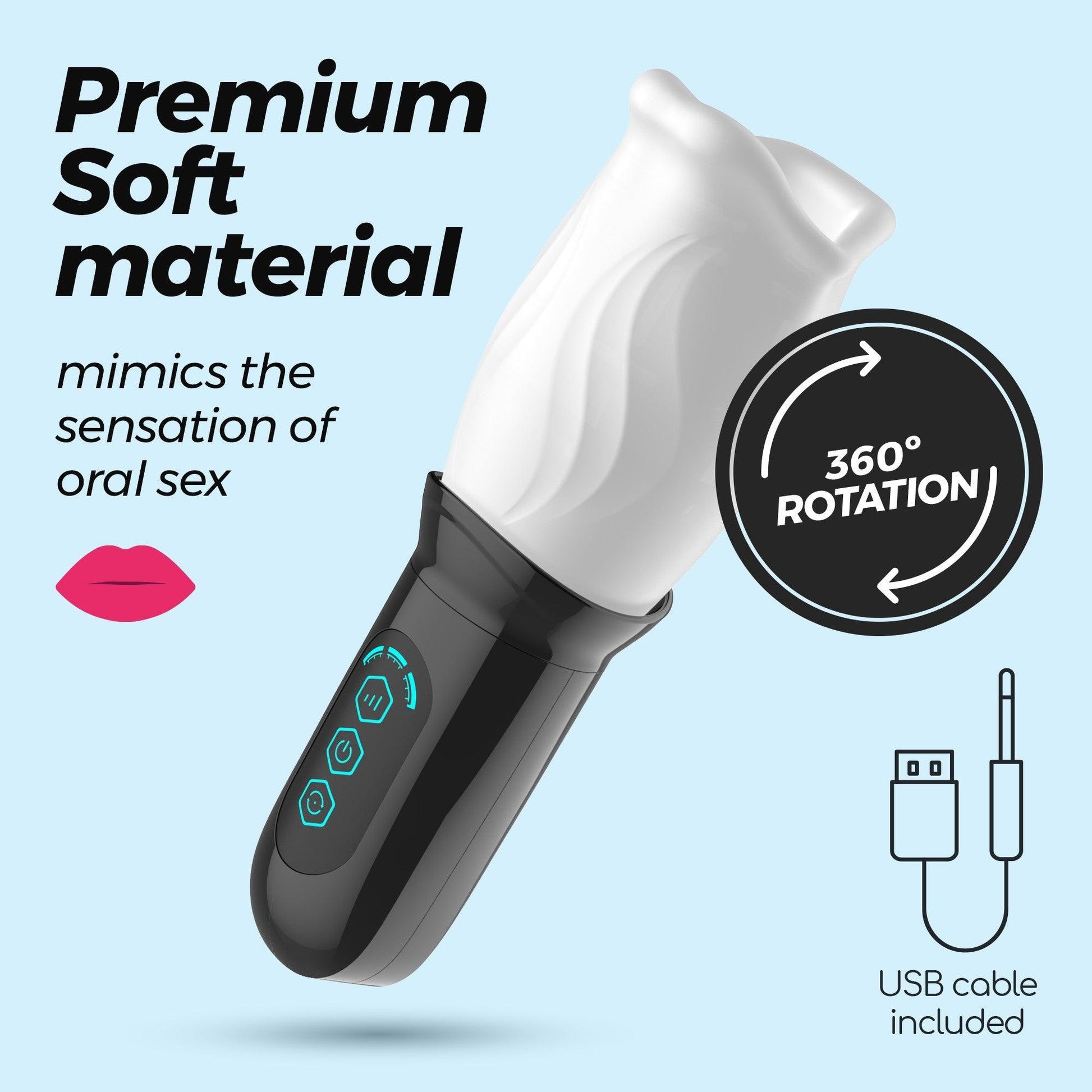 Masturbator cu Efect de Sex Oral, 360° Rotire, 3 Viteze si 4 Modele, Reincarcabil USB, Alb/ Negru - Amoroso