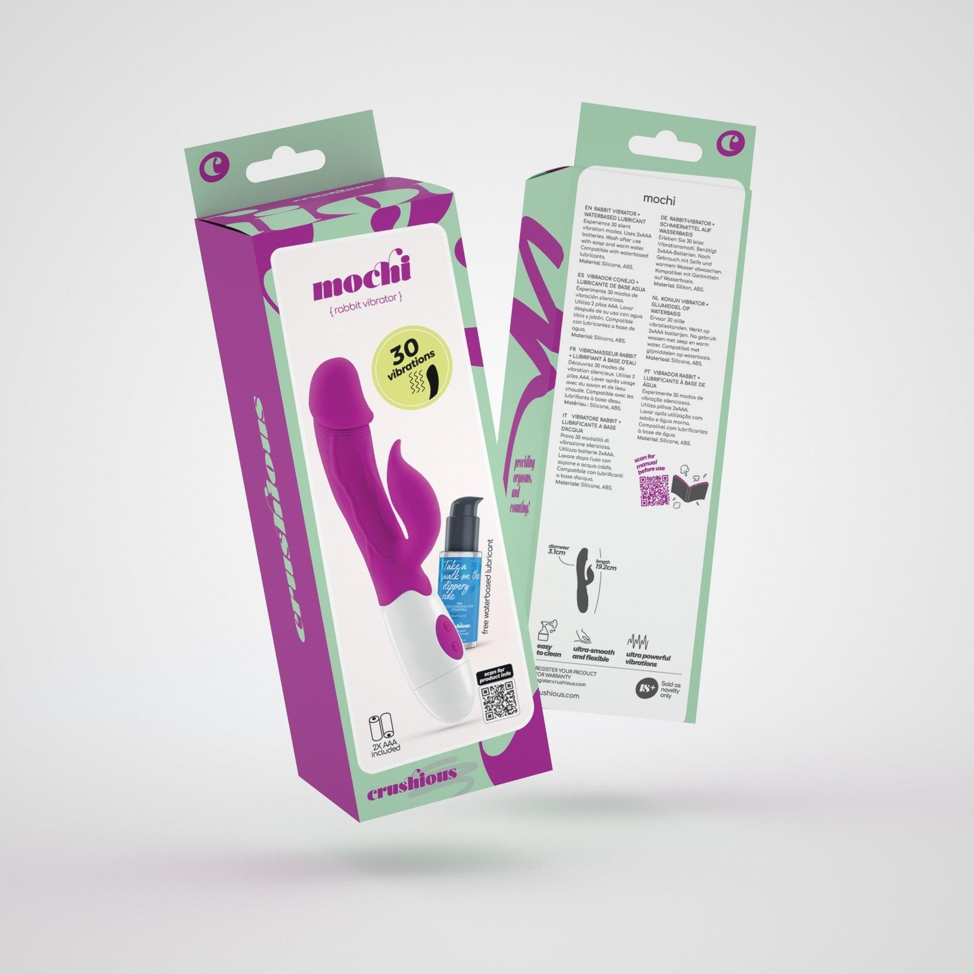 Vibrator Mochi Rabbit + Lubrifiant, 30 de Functii pentru Placere Duala si Intensa Crushious, Mov/ Alb - Amoroso