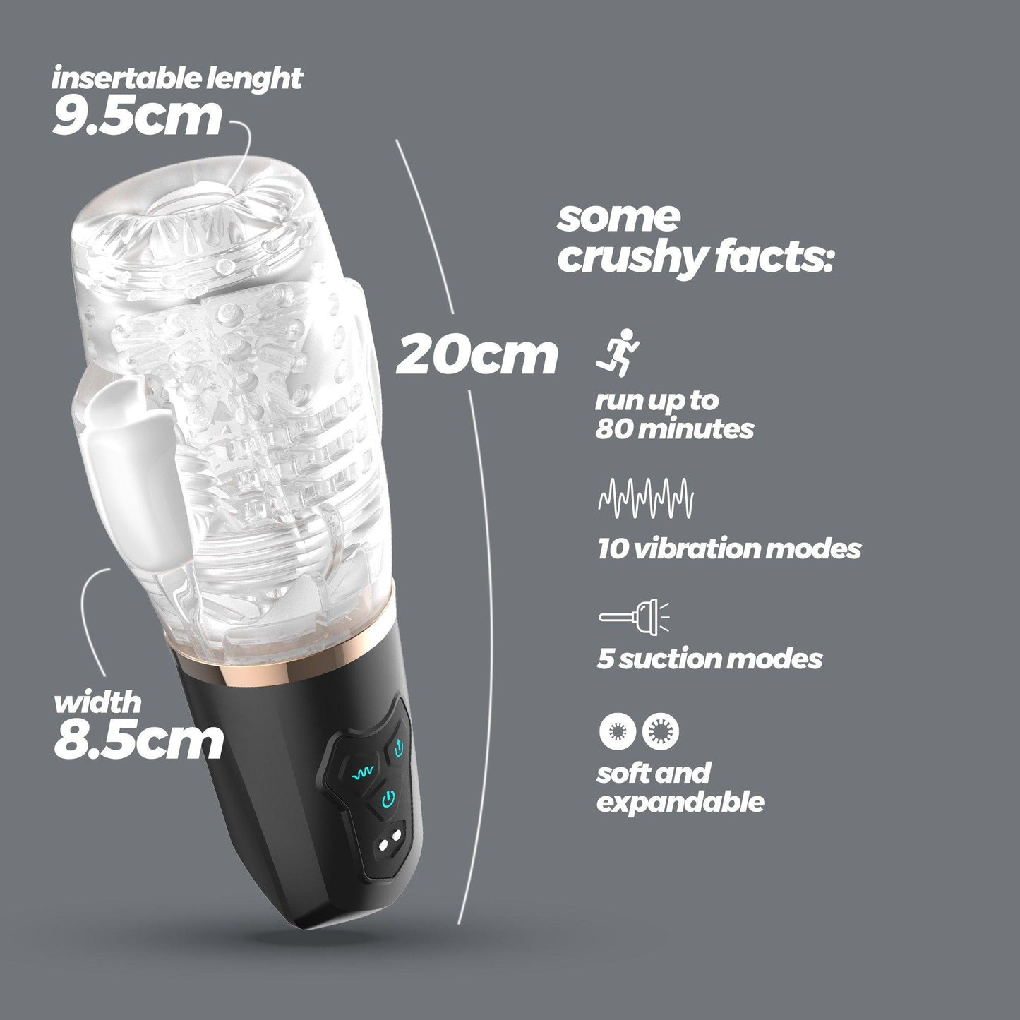 Masturbator Crushious Quasar, Negru, 20x9.5cm, cu Functie de Aspiratie si Vibratii Multiple - Amoroso