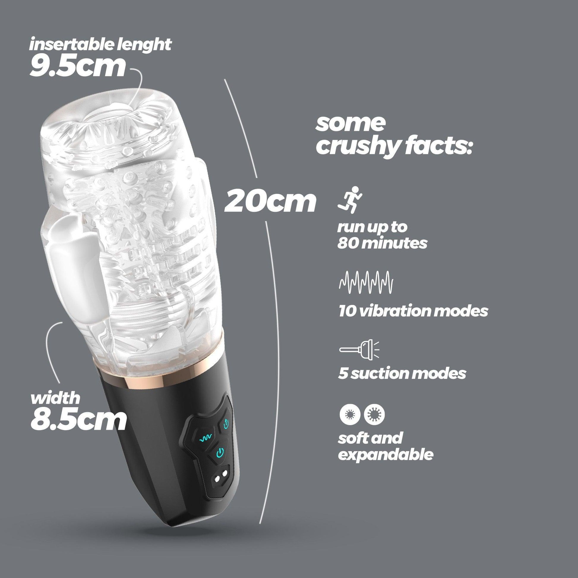 Masturbator Crushious Quasar, Negru, 20x9.5cm, cu Functie de Aspiratie si Vibratii Multiple - Amoroso