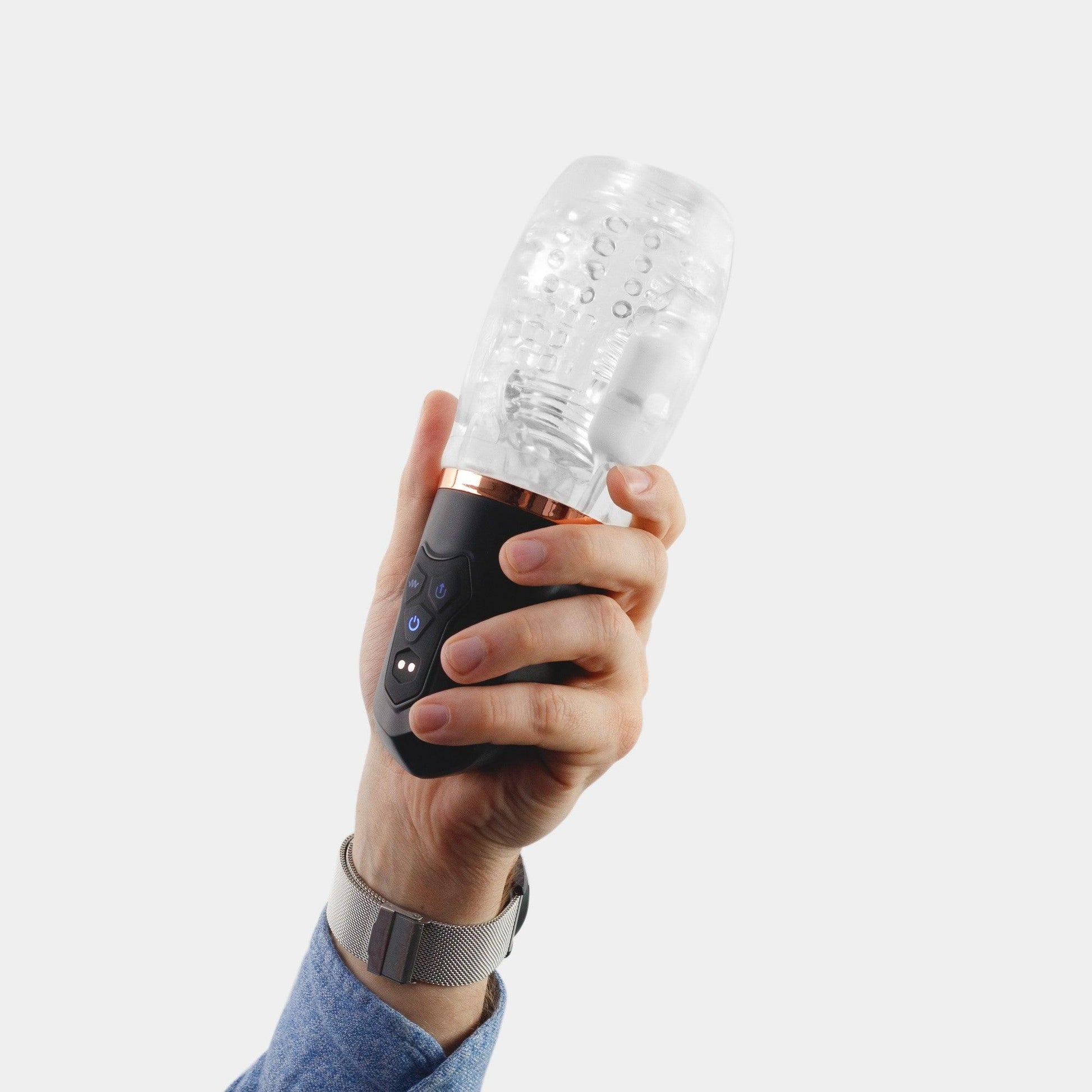 Masturbator Crushious Quasar, Negru, 20x9.5cm, cu Functie de Aspiratie si Vibratii Multiple - Amoroso