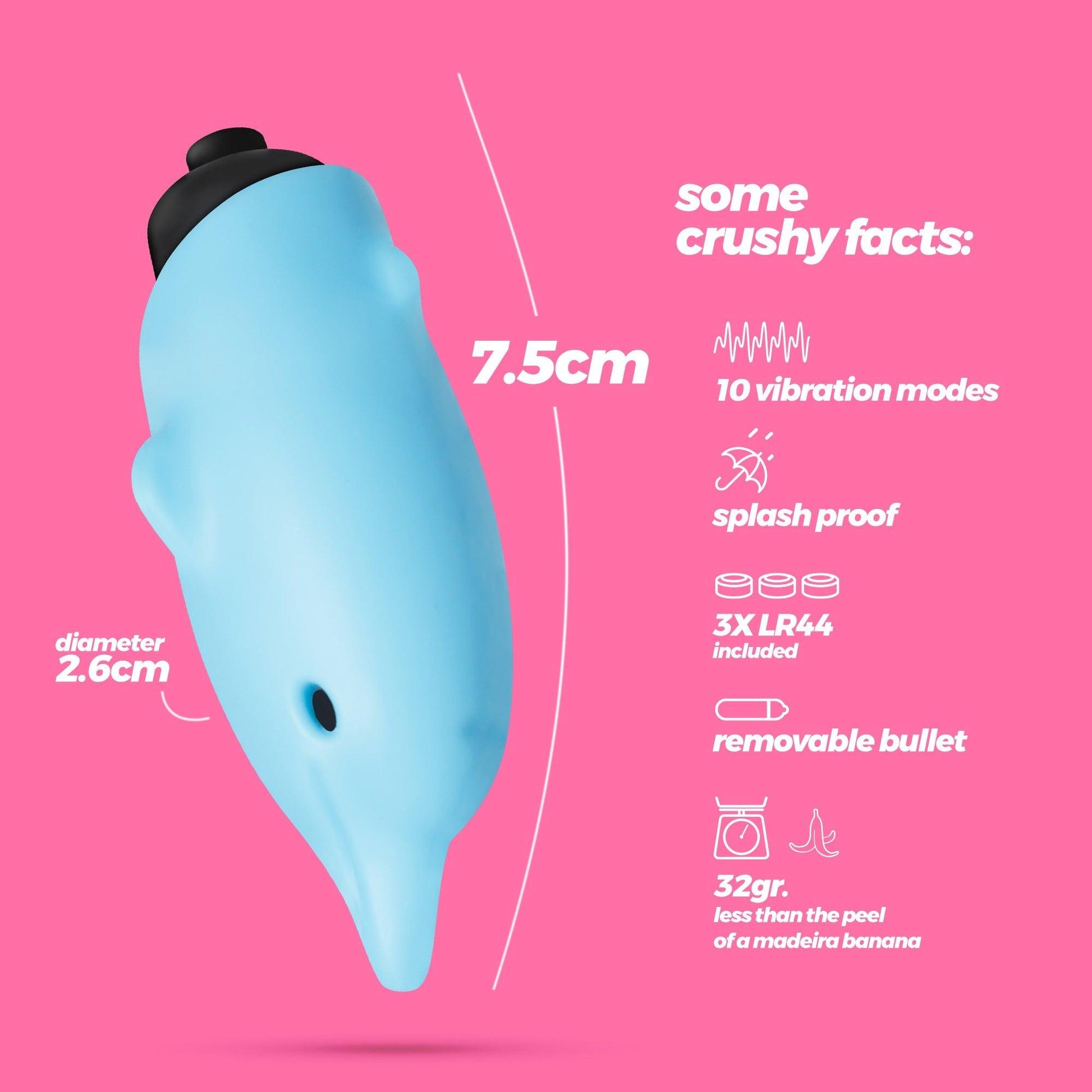 Vibrator Mini cu 10 Moduri de Vibratie, Design Compact si Adorabil, Crushious Dolphin, Albastru - Amoroso