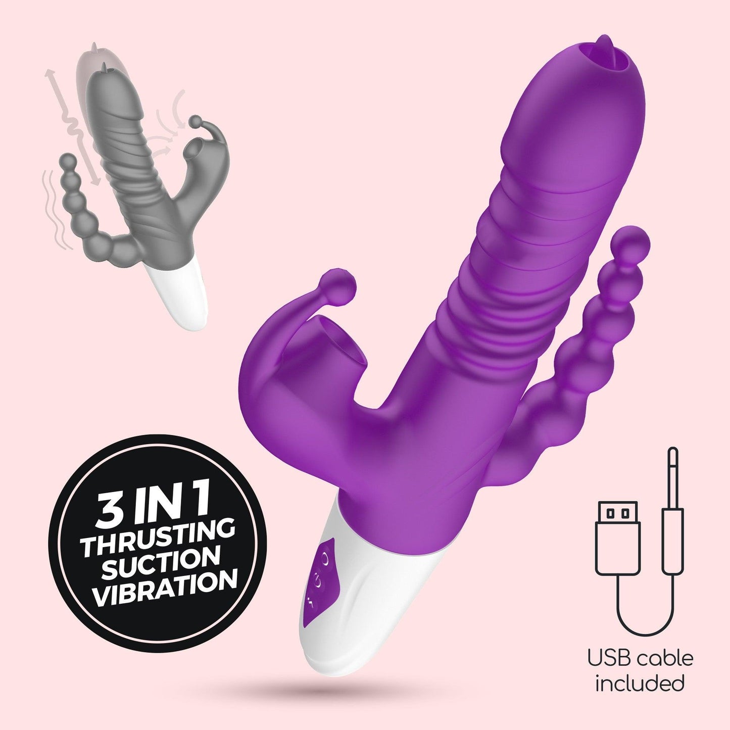 Vibrator All-in-One, cu Aspiratie, Miscare de Impingere si Vibratie, Crushious Wrangler, Mov/ Alb - Amoroso