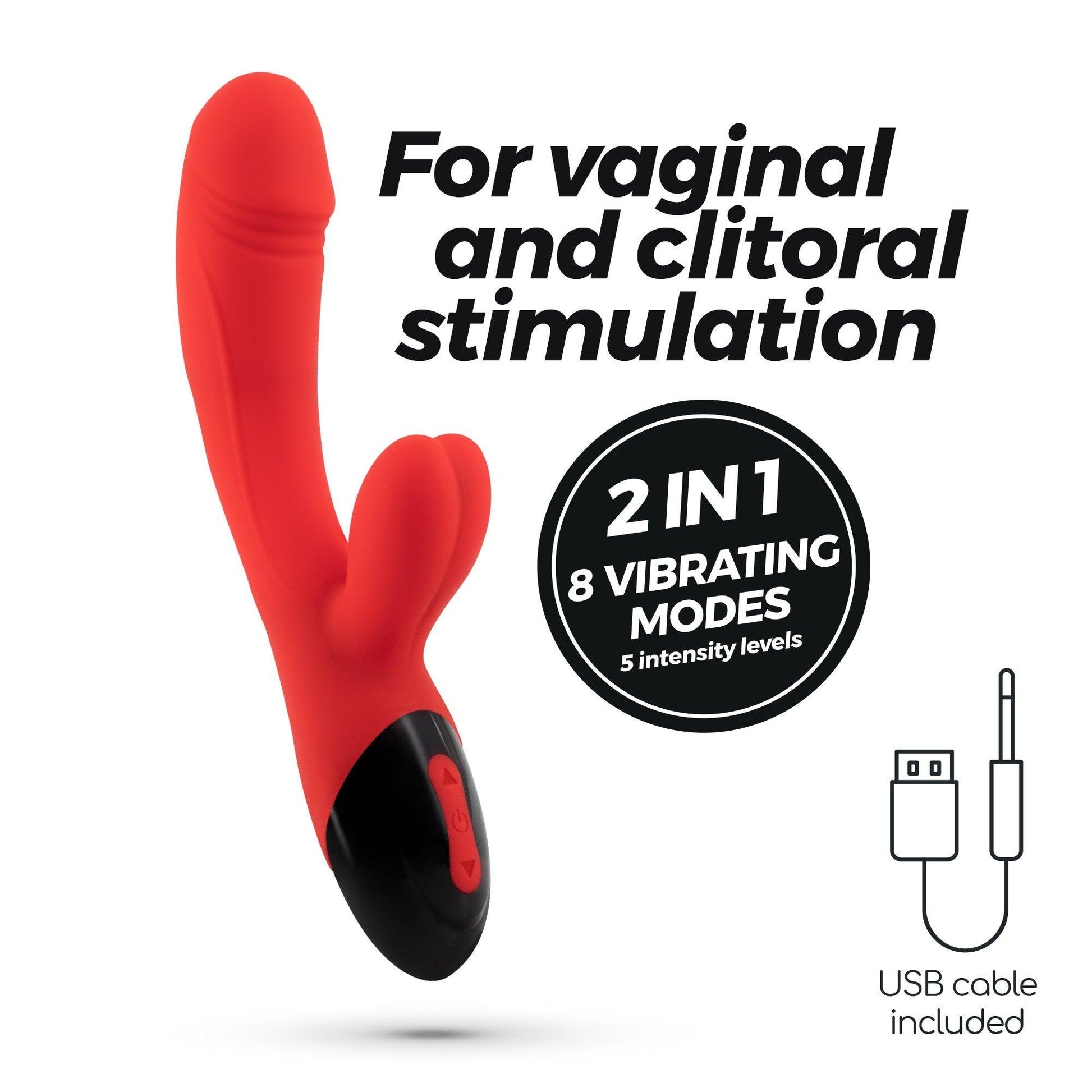 Vibrator Rabbit Dare Dong, 8 Moduri Vibrante, Stimulare Vaginala si Clitoridiana, Reincarcabil, Design Ergonomic, Rosu - Amoroso