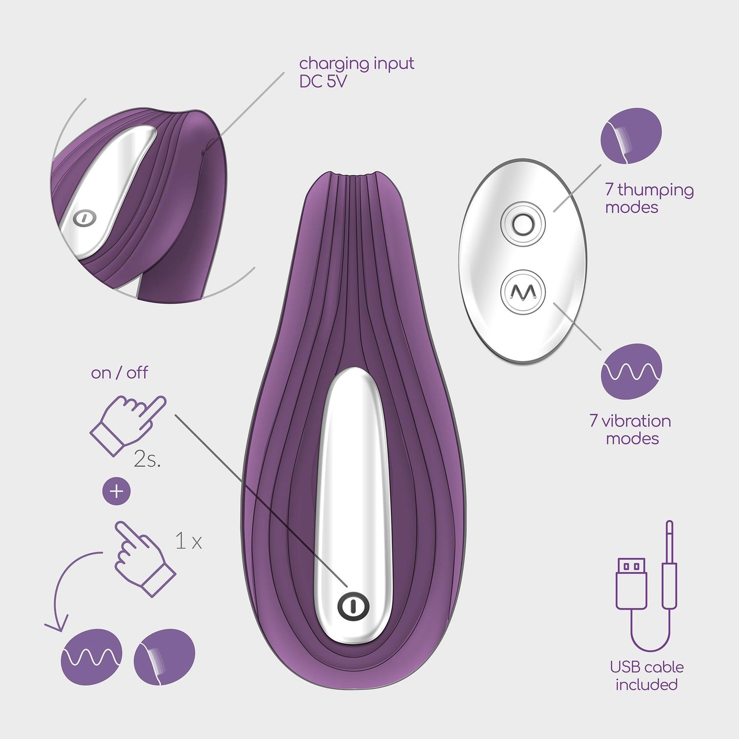 Set Vibrator Reincarcabil cu Telecomanda + Lubrifiant, Stimulare Duala pentru Momente de Neuitat, Crushious, Mov - Amoroso