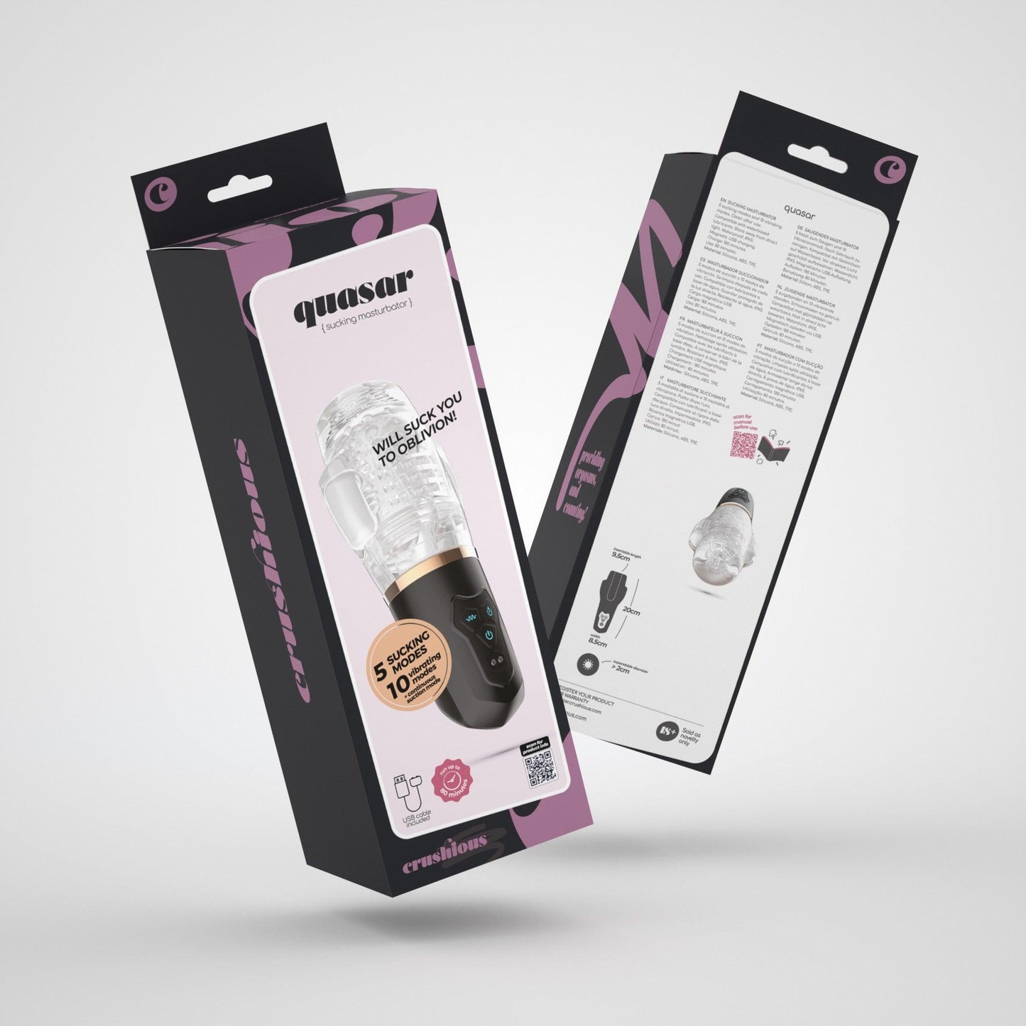 Masturbator Crushious Quasar, Negru, 20x9.5cm, cu Functie de Aspiratie si Vibratii Multiple - Amoroso