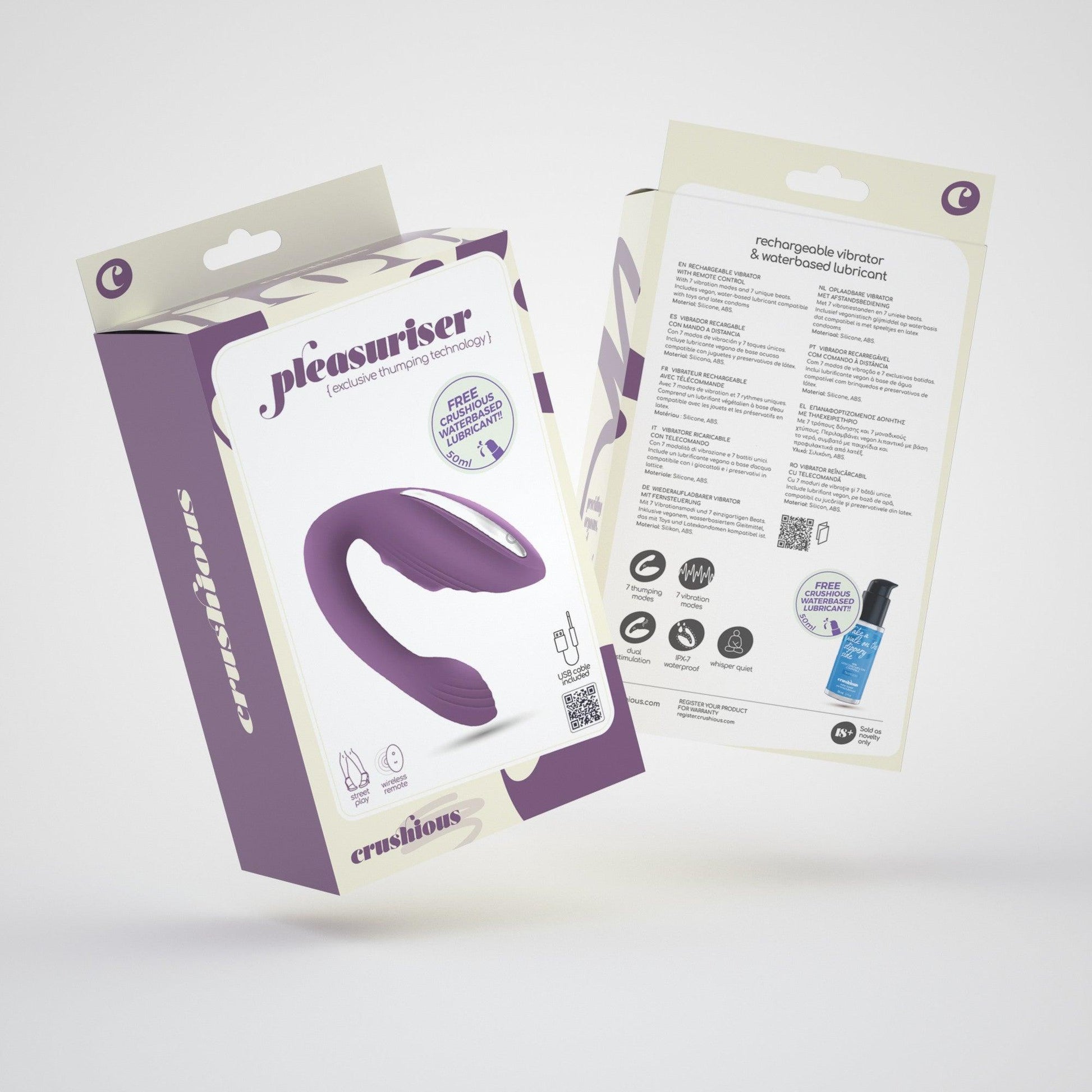 Set Vibrator Reincarcabil cu Telecomanda + Lubrifiant, Stimulare Duala pentru Momente de Neuitat, Crushious, Mov - Amoroso