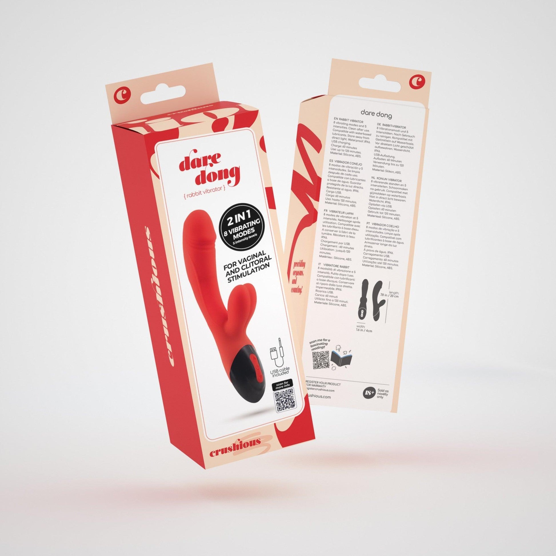 Vibrator Rabbit Dare Dong, 8 Moduri Vibrante, Stimulare Vaginala si Clitoridiana, Reincarcabil, Design Ergonomic, Rosu - Amoroso