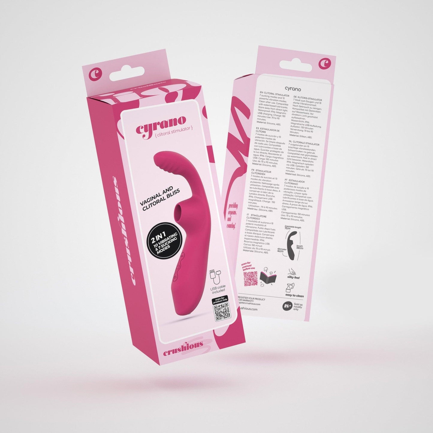 Vibrator Clitoridian si Vaginal 2-in-1, Vibratii si Suctiune pentru Placere Intensa, Crushious Cyran, Roz - Amoroso
