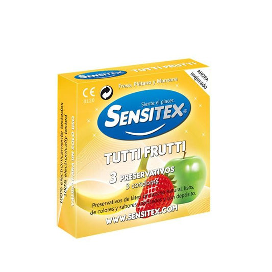 Prezervative Naturale Vegan, Placeri Intense cu Arome Exotice, Sensitex Tutti Frutti, 3 bucati - Amoroso