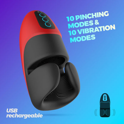 Masturbator Reincarcabil cu Presiune si Vibratii, 10 Moduri de Stimulare Intensa, Crushious Pancho, Negru/ Rosu - Amoroso