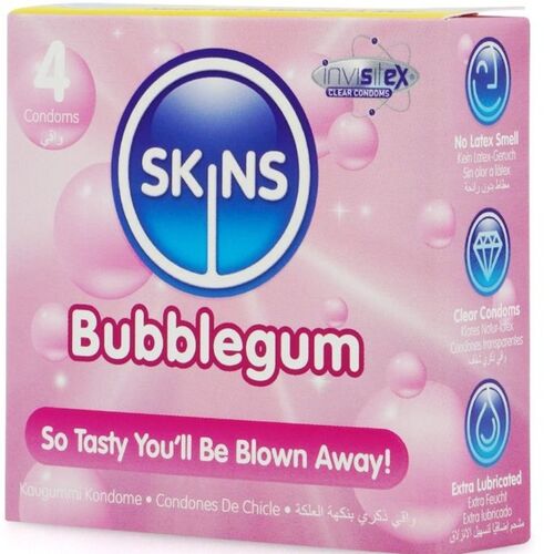 Skins Bubblegum – Prezervative aromate cu gust de guma de mestecat, 4 bucati