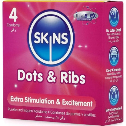 Skins Dots si Ribs – Prezervative cu puncte si striatii, 4 bucati