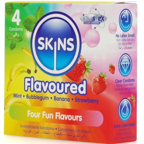 Skins Flavoured – Prezervative aromate cu patru arome (menta, guma de mestecat, banana, capsuna), 4 bucati
