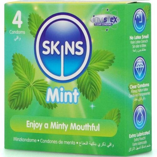 Skins Mint – Prezervative aromate cu menta, extra lubrifiate si fara miros de latex, 4 bucati