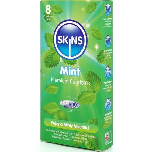 Skins Mint – Prezervative aromate cu menta, ultra-fine si extra lubrifiate, 8 bucati