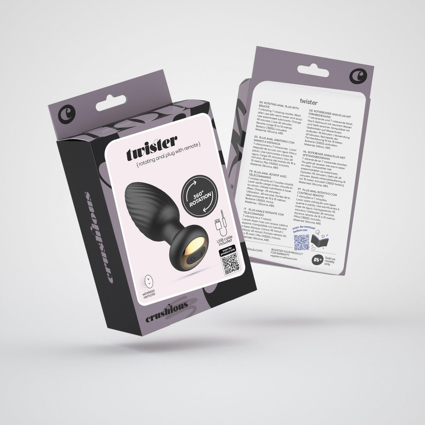 Plug Anal Rotativ cu Telecomanda, Stimulare 360° si Vibratii Intense pentru Placere Maxima, Crushious Twister, Negru - Amoroso