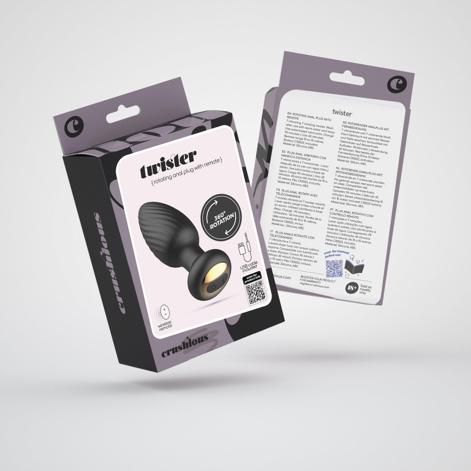 Plug Anal Rotativ cu Telecomanda, Stimulare 360° si Vibratii Intense pentru Placere Maxima, Crushious Twister, Negru - Amoroso