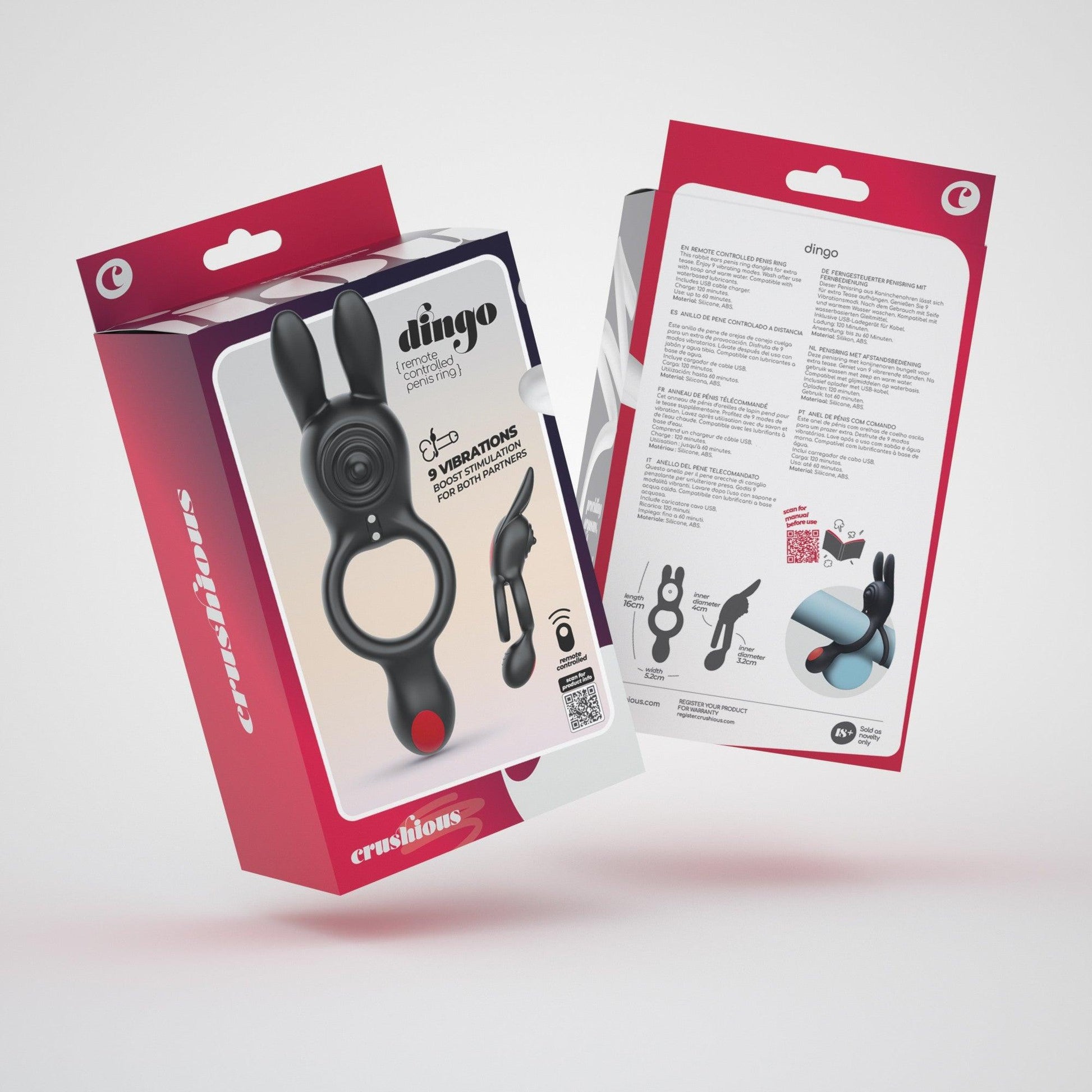 Inel Vibrator Dublu cu Telecomanda, Stimulare Intensa pentru Ambii Parteneri, Crushious Dingo, Negru - Amoroso