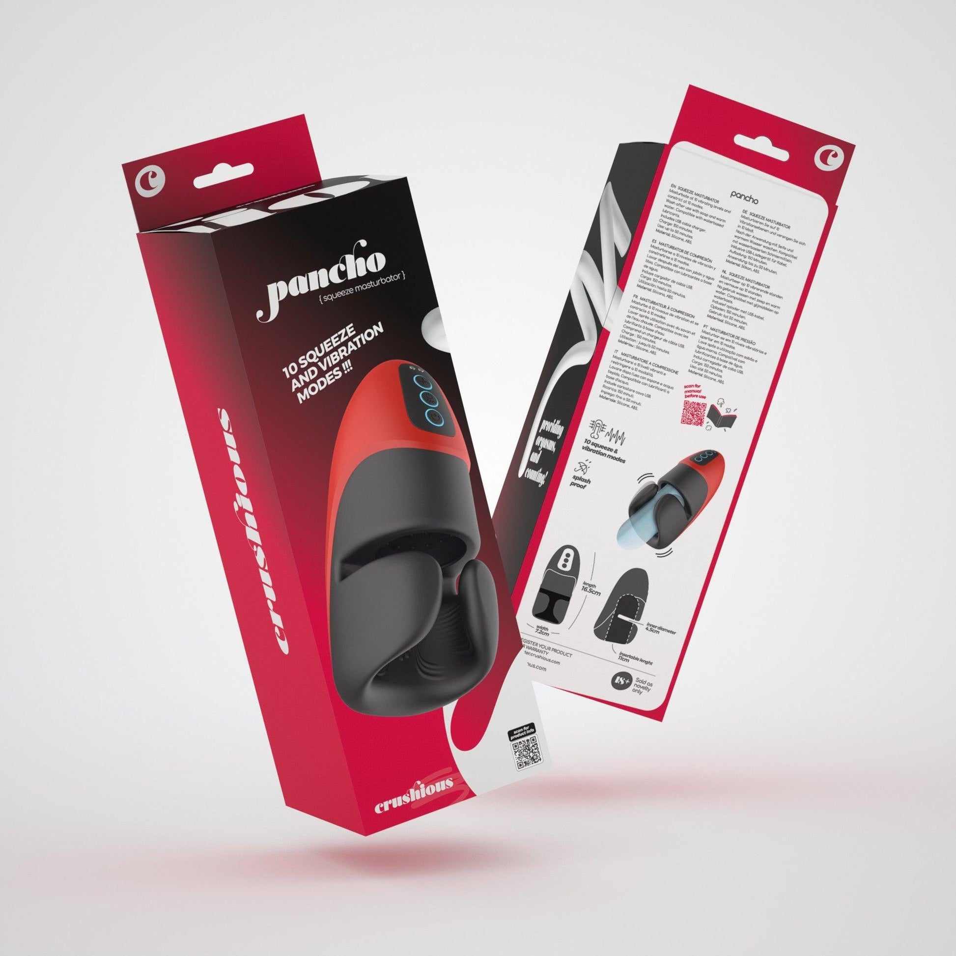 Masturbator Reincarcabil cu Presiune si Vibratii, 10 Moduri de Stimulare Intensa, Crushious Pancho, Negru/ Rosu - Amoroso