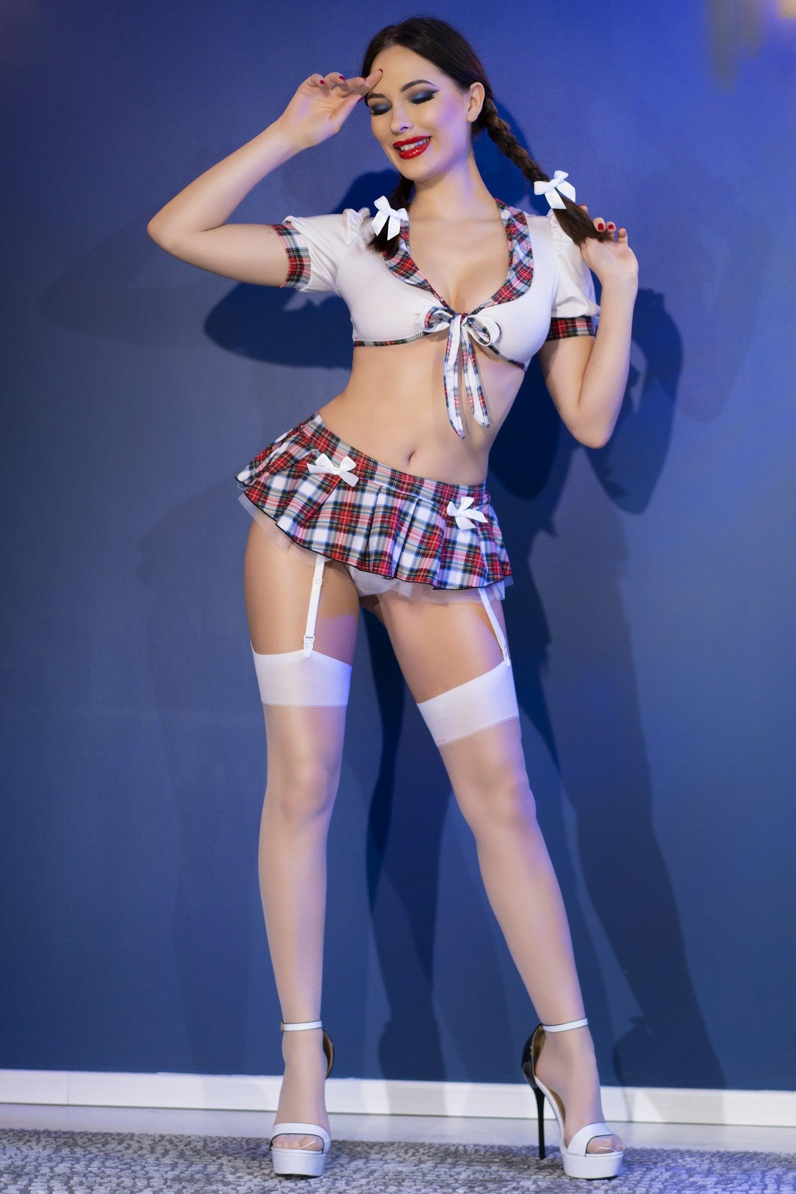 Costum Sexy Scolarita Chilirose, Provocator cu Portjartier, 36-38, S/ M, Alb / Rosu - Amoroso