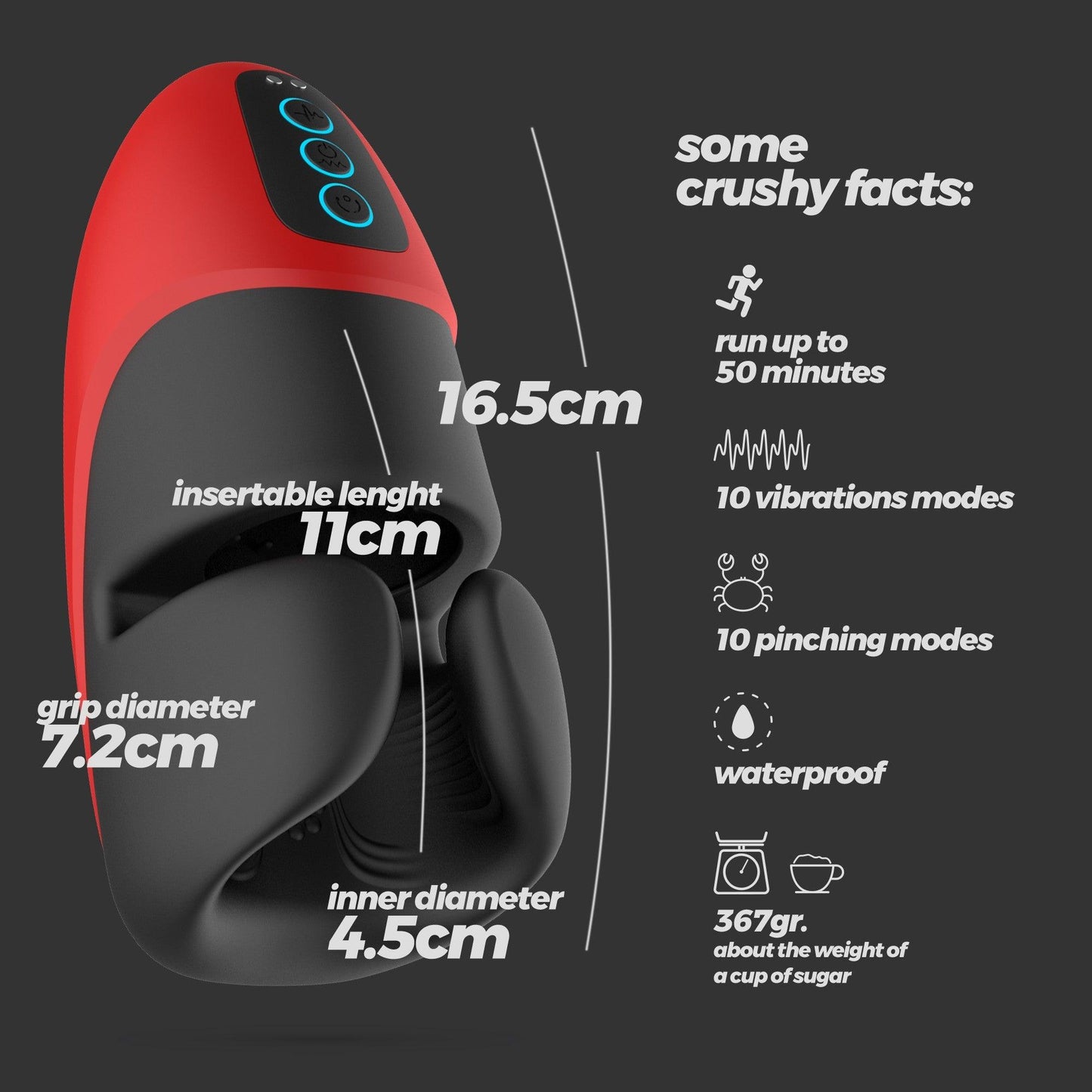 Masturbator Reincarcabil cu Presiune si Vibratii, 10 Moduri de Stimulare Intensa, Crushious Pancho, Negru/ Rosu - Amoroso
